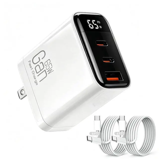 Main image of 65W 3-Port USB C Wall Charger Block with 2Pack Extra Long 6FT USB C Cable | Ultra-Compact GaN Foldable Fast Wall Adapter with Digital Display for MacBook Pro/Neo/Air, iPhone 17 Series, and More