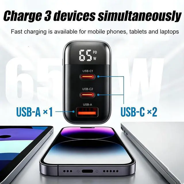 Alt view image 3 of 6 - 65W 3-Port USB C Wall Charger Block with 2Pack Extra Long 6FT USB C Cable | Ultra-Compact GaN Foldable Fast Wall Adapter with Digital Display for MacBook Pro/Neo/Air, iPhone 17 Series, and More