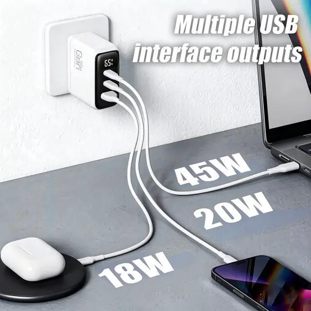 Alt view image 5 of 6 - 65W 3-Port USB C Wall Charger Block with 2Pack Extra Long 6FT USB C Cable | Ultra-Compact GaN Foldable Fast Wall Adapter with Digital Display for MacBook Pro/Neo/Air, iPhone 17 Series, and More