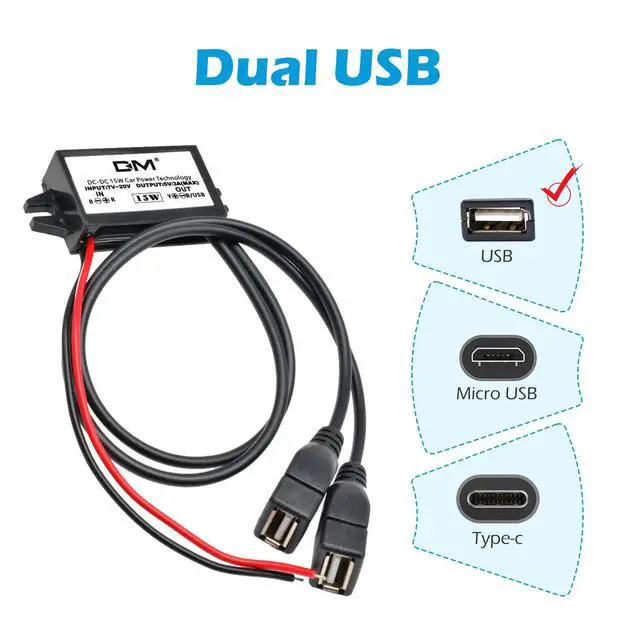 Alt view image 5 of 6 - 2-Pack DC 12V 20V to 5V 3A USB, USB Female DC Converter Adapter Buck Module, for Car Power,Golf Cart Scooters, Motors and DIY(Dual USB Port)
