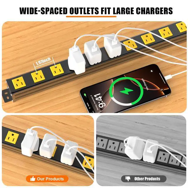 Alt view image 3 of 7 - 12 Outlets Long Metal Power Strip, Wall Mount, 6FT Cord | 1.97 In Wide Spacing, Aluminum Housing, 14AWG, 15A/1875W, Overload Protection, ETL Listed, for Garage, Workshop, Classroom