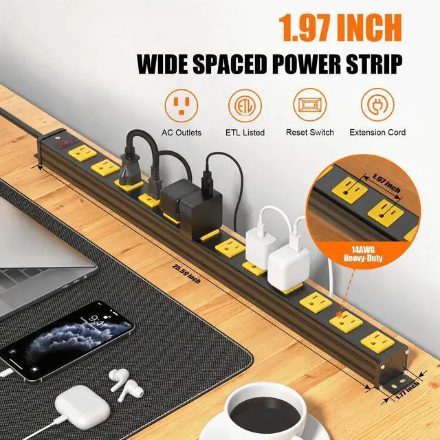 Alt view image 2 of 7 - 12 Outlets Long Metal Power Strip, Wall Mount, 6FT Cord | 1.97 In Wide Spacing, Aluminum Housing, 14AWG, 15A/1875W, Overload Protection, ETL Listed, for Garage, Workshop, Classroom