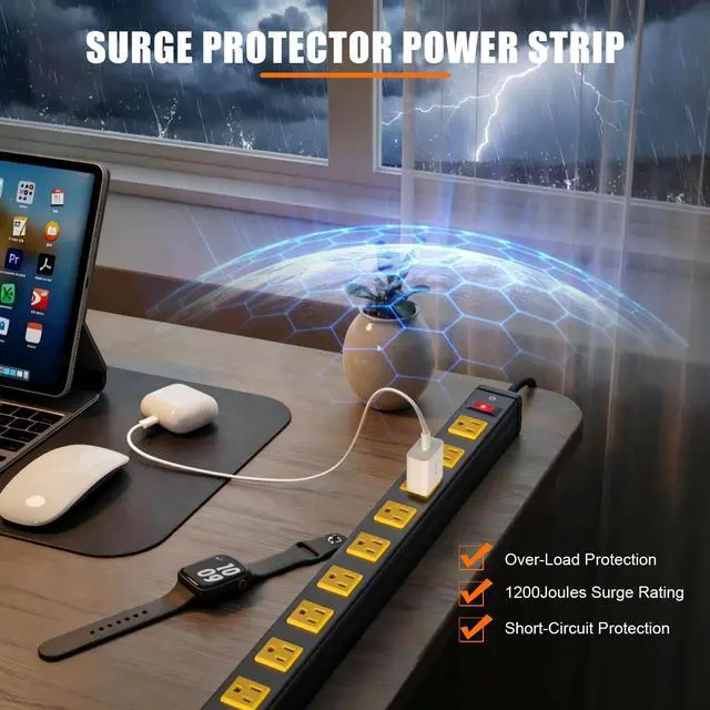 Alt view image 4 of 7 - 12 Outlets Long Metal Power Strip, Wall Mount, 6FT Cord | 1.97 In Wide Spacing, Aluminum Housing, 14AWG, 15A/1875W, Overload Protection, ETL Listed, for Garage, Workshop, Classroom