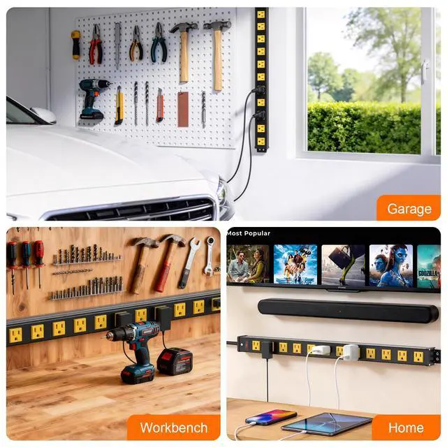 Alt view image 6 of 7 - 12 Outlets Long Metal Power Strip, Wall Mount, 6FT Cord | 1.97 In Wide Spacing, Aluminum Housing, 14AWG, 15A/1875W, Overload Protection, ETL Listed, for Garage, Workshop, Classroom