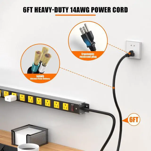 Alt view image 5 of 7 - 12 Outlets Long Metal Power Strip, Wall Mount, 6FT Cord | 1.97 In Wide Spacing, Aluminum Housing, 14AWG, 15A/1875W, Overload Protection, ETL Listed, for Garage, Workshop, Classroom