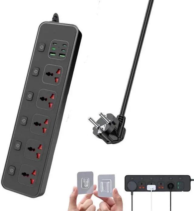 Main image of Power Strip with Individual Swtich, 6ft Extension Cord with 5 Universal Outlets and 6 USB (4 USB C), Max 3000w, 110-240v, Multiple Outlets Plug Adapter for Office Travel, EU Plug, Black