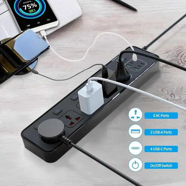 Alt view image 2 of 5 - Power Strip with Individual Swtich, 6ft Extension Cord with 5 Universal Outlets and 6 USB (4 USB C), Max 3000w, 110-240v, Multiple Outlets Plug Adapter for Office Travel, EU Plug, Black