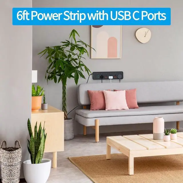 Alt view image 5 of 5 - Power Strip with Individual Swtich, 6ft Extension Cord with 5 Universal Outlets and 6 USB (4 USB C), Max 3000w, 110-240v, Multiple Outlets Plug Adapter for Office Travel, EU Plug, Black