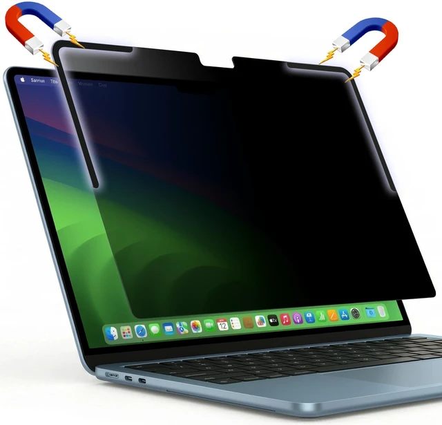 Main image of Removable Magnetic Privacy Screen for MacBook Air 13.6", M2-M5 L-Shaped Magnetic Strips Prevent Sliding & Sagging Anti-Spy Filter Lid Closes Fully Anti-Glare & Blue Light Blocking