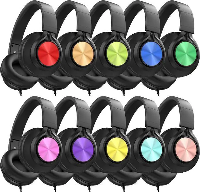 Main image of Kids School Headphones Bulk 10 Pack with Mic, 3.5mm Jack | K-12 Classroom Students Use, Online Learning, Library & Testing, Durable, Foldable, All-Day Comfort, For Chromebook & Tablet
