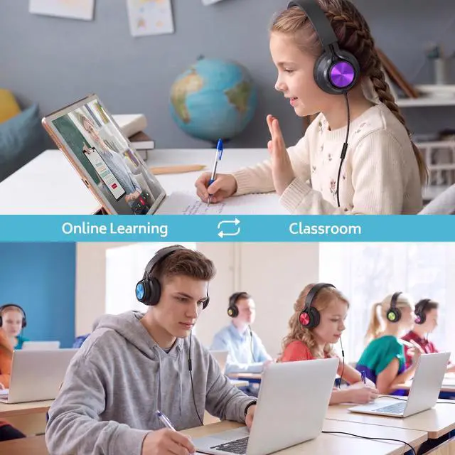 Alt view image 2 of 7 - Kids School Headphones Bulk 10 Pack with Mic, 3.5mm Jack | K-12 Classroom Students Use, Online Learning, Library & Testing, Durable, Foldable, All-Day Comfort, For Chromebook & Tablet