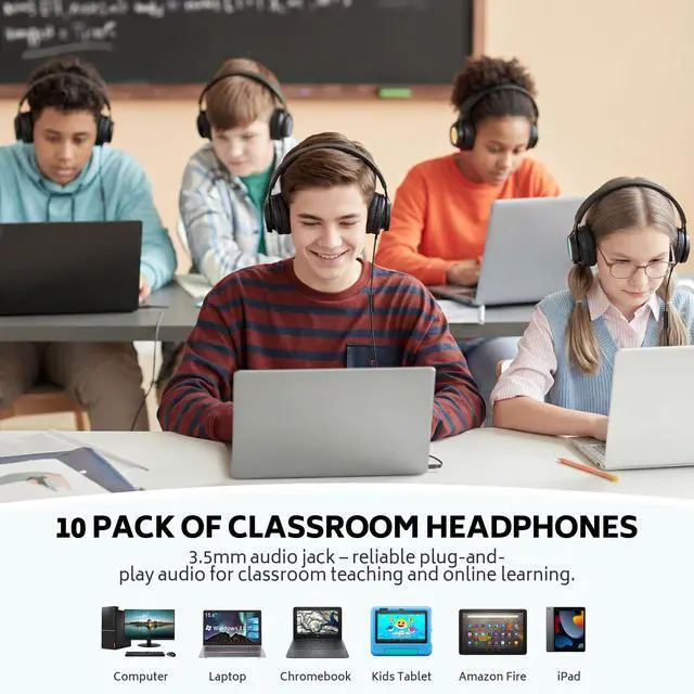 Alt view image 3 of 7 - Kids School Headphones Bulk 10 Pack with Mic, 3.5mm Jack | K-12 Classroom Students Use, Online Learning, Library & Testing, Durable, Foldable, All-Day Comfort, For Chromebook & Tablet