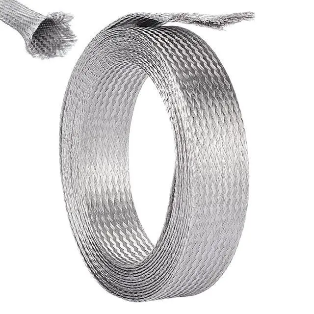 Main image of 1" Wide Stainless Steel Braided Sleeving Braid Cable Wire Shielding Sleeve Ground Straps Protection Flat Metal Mesh Flexible Expandable Scalable Ribbon Wire for Protect Cable 13.12 Feet