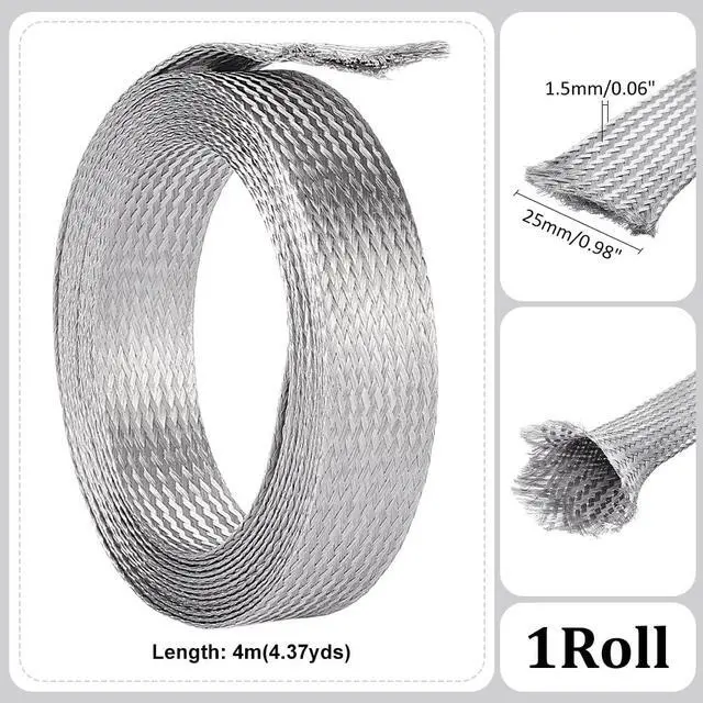 Alt view image 3 of 6 - 1" Wide Stainless Steel Braided Sleeving Braid Cable Wire Shielding Sleeve Ground Straps Protection Flat Metal Mesh Flexible Expandable Scalable Ribbon Wire for Protect Cable 13.12 Feet