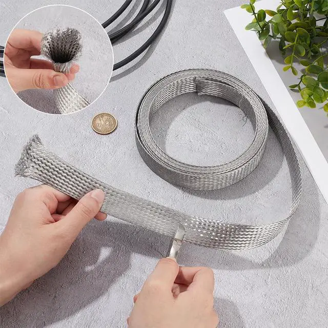 Alt view image 5 of 6 - 1" Wide Stainless Steel Braided Sleeving Braid Cable Wire Shielding Sleeve Ground Straps Protection Flat Metal Mesh Flexible Expandable Scalable Ribbon Wire for Protect Cable 13.12 Feet