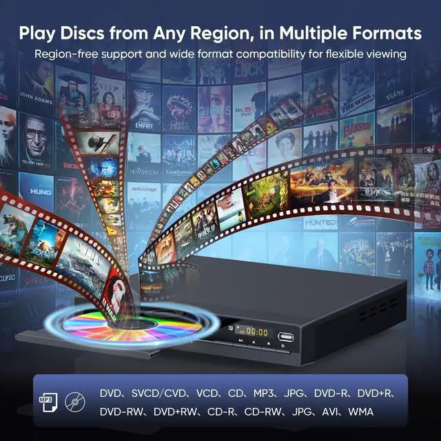 Alt view image 4 of 7 - DVD Players for TV with HDMI 1080P Upscaling | Plays All Regions & Multi Formats, HDMI & RCA Cables Included, Breakpoint Memory, USB Port, CD Player for Home