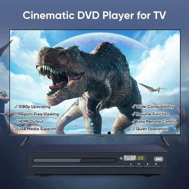 Alt view image 2 of 7 - DVD Players for TV with HDMI 1080P Upscaling | Plays All Regions & Multi Formats, HDMI & RCA Cables Included, Breakpoint Memory, USB Port, CD Player for Home