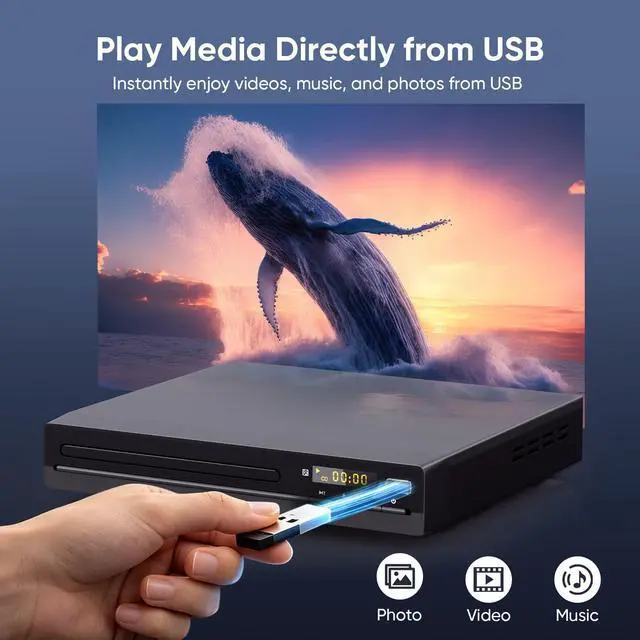 Alt view image 7 of 7 - DVD Players for TV with HDMI 1080P Upscaling | Plays All Regions & Multi Formats, HDMI & RCA Cables Included, Breakpoint Memory, USB Port, CD Player for Home