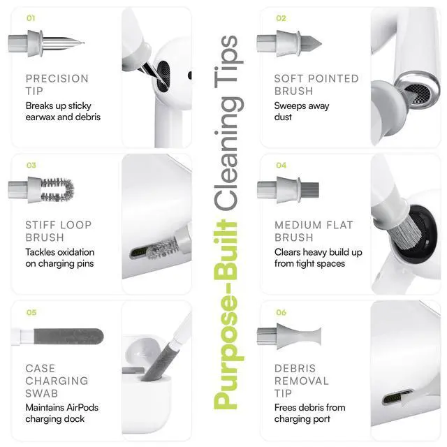 Alt view image 5 of 7 - Air Care 2.0 AirPods Cleaning Kit - Patented Multi-Tool Cleaner with Interchangeable Brush Tips for AirPods, iPhone and Apple Devices with Sticky Squares Putty, Hard Case and Travel Pouch