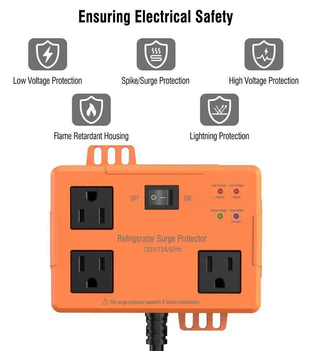 Alt view image 3 of 7 - 3 Outlet Refrigerator Surge Protector with Time Delay, Voltage Protector for Home Appliances, Protects Against Brownout, Spike, Instant Surge All Voltage Abnormalities, 14 AWG Power Cord (2FT)