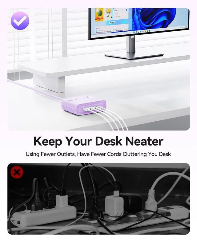 Alt view image 2 of 7 - GaN 8-in-1 Power Strip with 4 AC Outlets, 2 USB-C 2 USB-A Ports | 45° Flat Plug, 5ft Extension Cord, Compact Desktop Charging Station for Cruise, Travel, Home Office, ETL Listed (1 Pack)