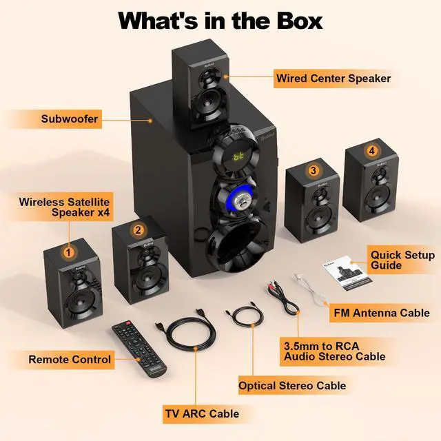 Alt view image 7 of 7 - Wireless Surround Sound System Home Theater System | 1000W Surround Speakers 8" Subwoofer 5.1/2.1 Channel Deep Bass with ARC Optical Bluetooth Karaoke Input