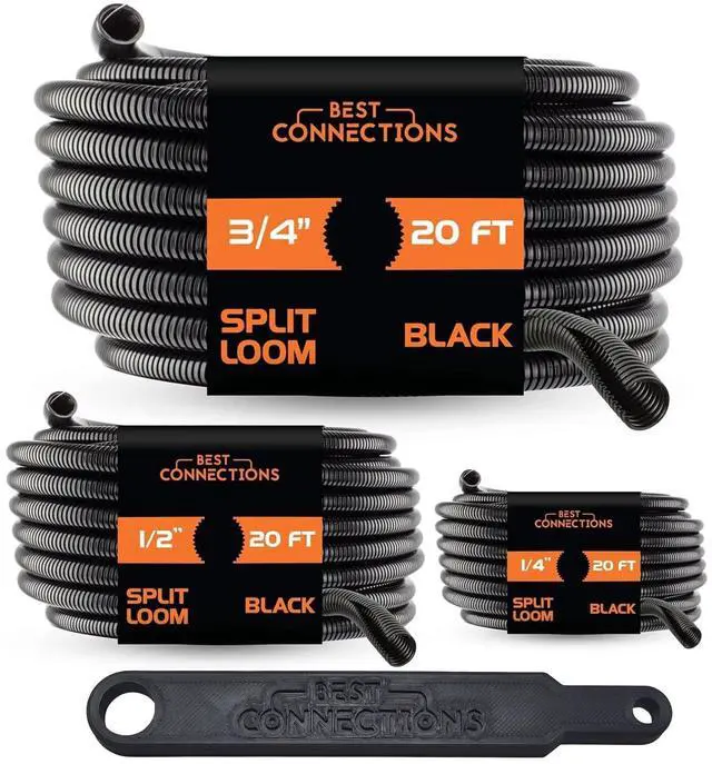Main image of 3-Pack 1/4", 1/2", 3/4" x 20 ft Each Assorted Split Wire Loom Convoluted Tubing with Installation Tool Protective Split Cable Sleeves/Conduit for Automotive Home Electrical Black