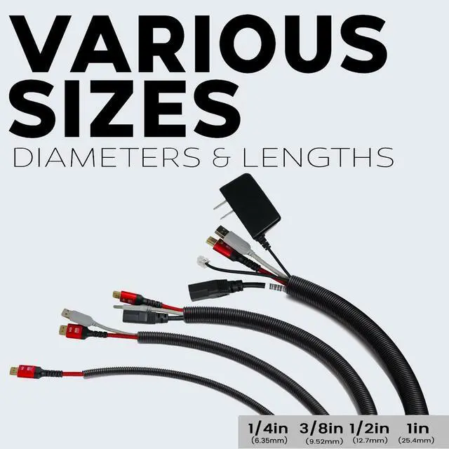 Alt view image 7 of 7 - 3-Pack 1/4", 1/2", 3/4" x 20 ft Each Assorted Split Wire Loom Convoluted Tubing with Installation Tool Protective Split Cable Sleeves/Conduit for Automotive Home Electrical Black