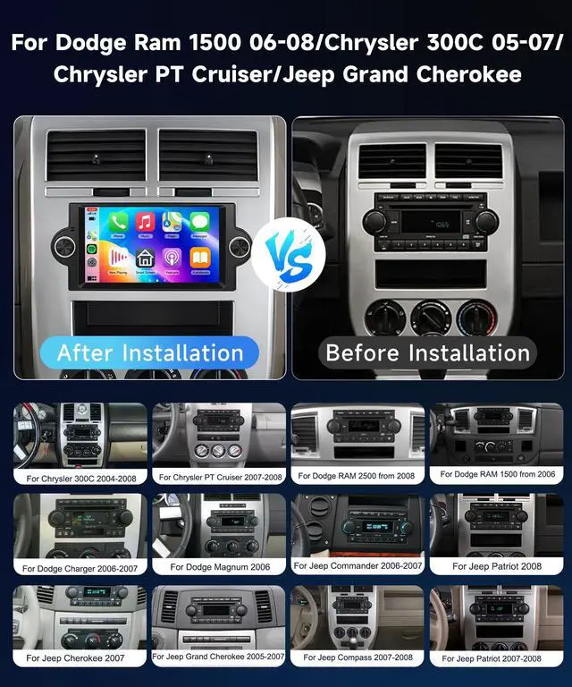 Alt view image 2 of 7 - Car Radio for Dodge Ram 1500 06-08,Chrysler 300C 05-07,Chrysler PT Cruiser | Jeep Grand Cherokee Android 6.2" Touchscreen Car Stereo support GPS 5G WiFi SWC Wireless Carplay Android Auto