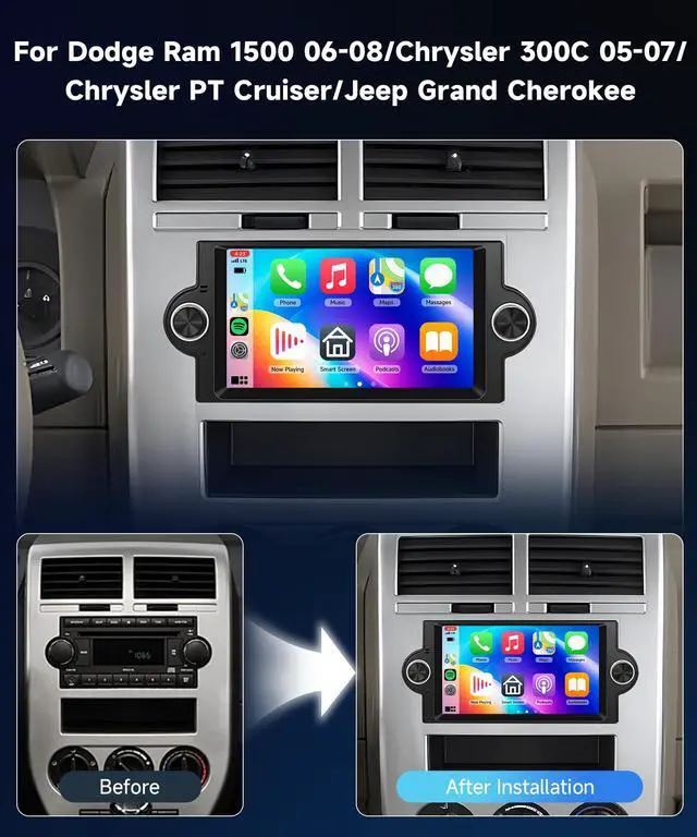 Alt view image 3 of 7 - Car Radio for Dodge Ram 1500 06-08,Chrysler 300C 05-07,Chrysler PT Cruiser | Jeep Grand Cherokee Android 6.2" Touchscreen Car Stereo support GPS 5G WiFi SWC Wireless Carplay Android Auto