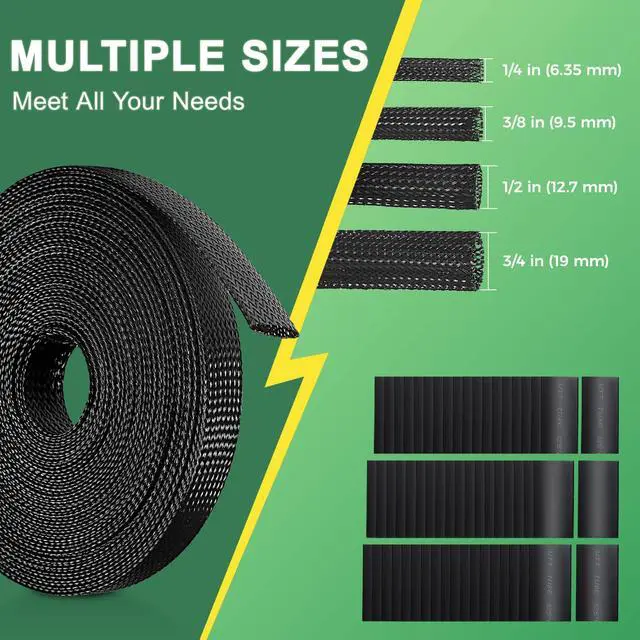 Alt view image 2 of 7 - 132 ft Expandable Braided Cable Sleeve Wire Loom PET Wiring Sleeving, Mesh Automotive Split Sheathing Wrap Management Heat Shrink for Audio and Other Home Device (1/2 in, 1/4 in, 3/8 in,3/4 in,Black)