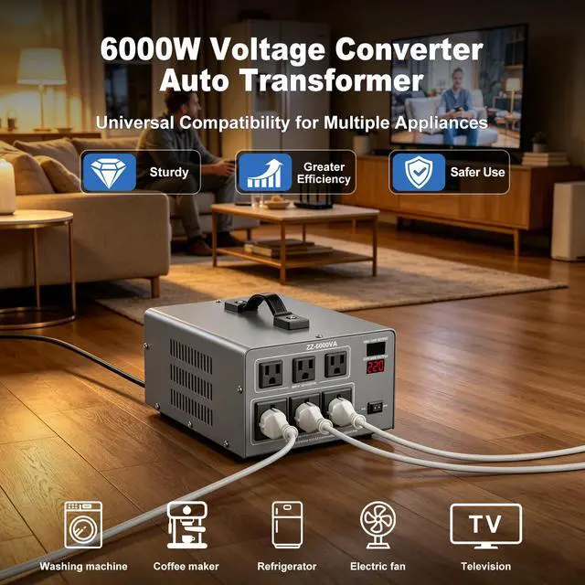 Alt view image 2 of 7 - 6000W Voltage Converter Transformer Step Up/Down 110V/120V to 220V/240V, Auto Voltage Recognition, Heavy Duty Power Converter with 6 Outlets, LCD Display & Circuit Breaker for Home, International Use