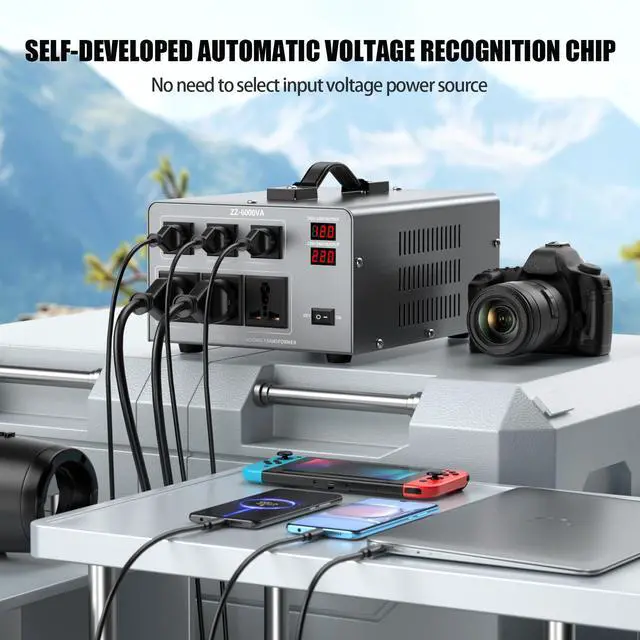 Alt view image 3 of 7 - 6000W Voltage Converter Transformer Step Up/Down 110V/120V to 220V/240V, Auto Voltage Recognition, Heavy Duty Power Converter with 6 Outlets, LCD Display & Circuit Breaker for Home, International Use