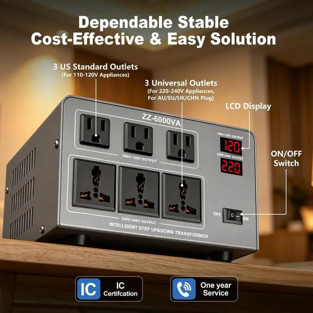 Alt view image 6 of 7 - 6000W Voltage Converter Transformer Step Up/Down 110V/120V to 220V/240V, Auto Voltage Recognition, Heavy Duty Power Converter with 6 Outlets, LCD Display & Circuit Breaker for Home, International Use