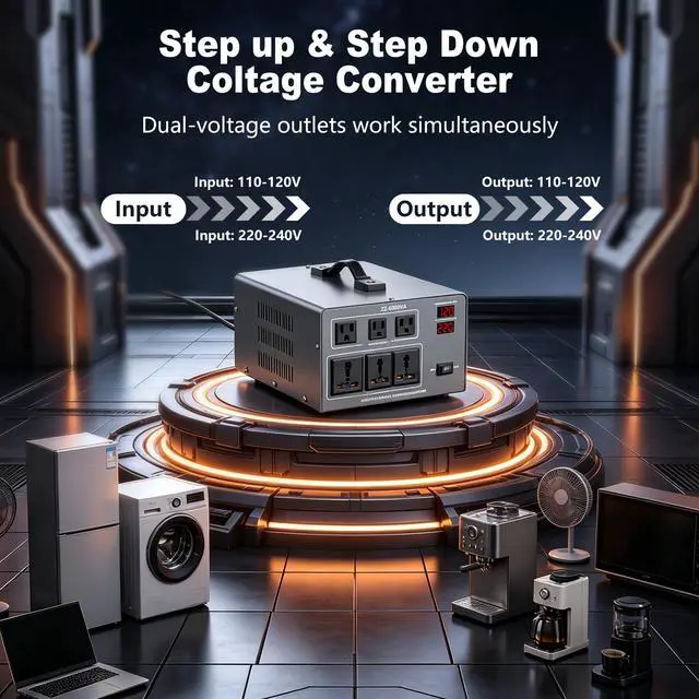 Alt view image 7 of 7 - 6000W Voltage Converter Transformer Step Up/Down 110V/120V to 220V/240V, Auto Voltage Recognition, Heavy Duty Power Converter with 6 Outlets, LCD Display & Circuit Breaker for Home, International Use