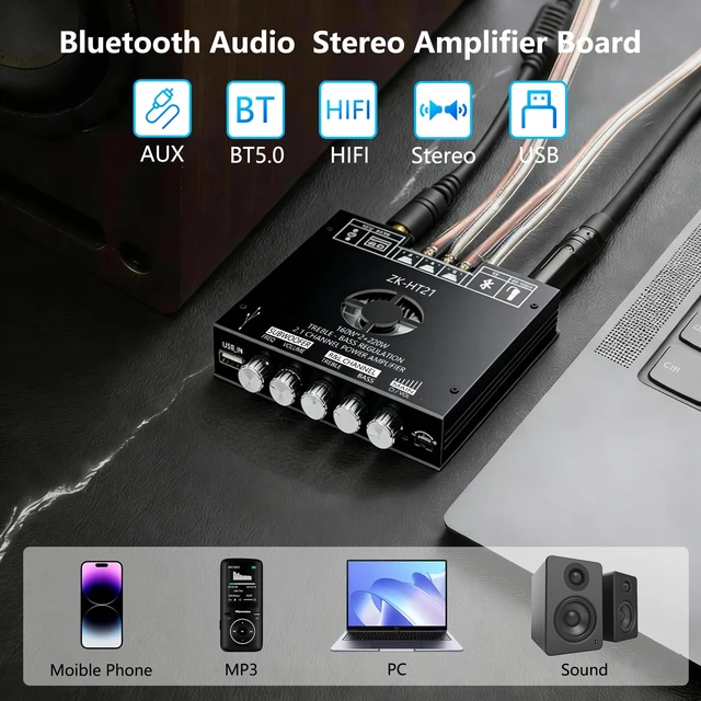 Alt view image 5 of 7 - Bluetooth 5.1 Amplifier Board, 160W×2+220W 2.1 Channel Subwoofer Amp | Treble Bass Control,BT USB and AUX Inputs,Mini HiFi Stereo,Home DIY Speakers & Car Audio Upgrade