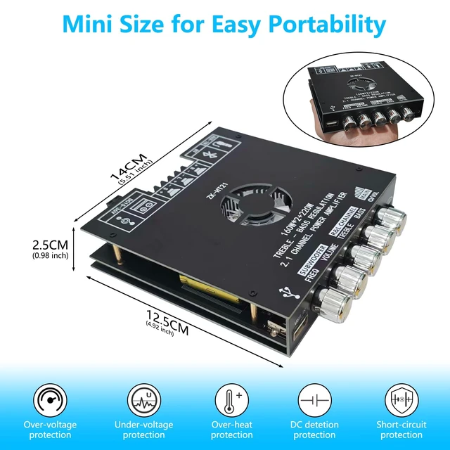 Alt view image 3 of 7 - Bluetooth 5.1 Amplifier Board, 160W×2+220W 2.1 Channel Subwoofer Amp | Treble Bass Control,BT USB and AUX Inputs,Mini HiFi Stereo,Home DIY Speakers & Car Audio Upgrade