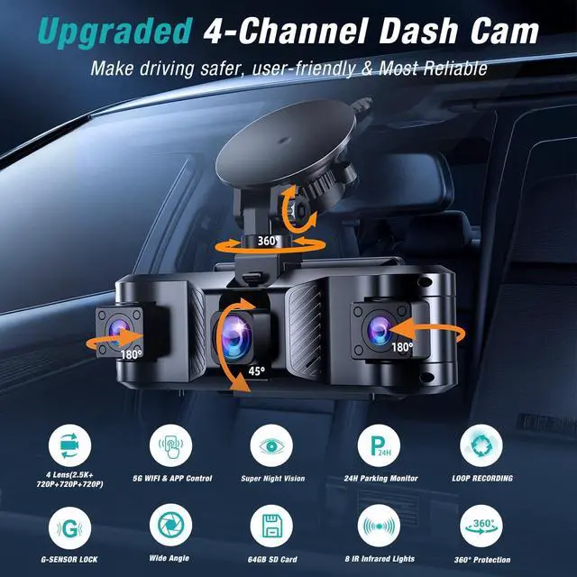 Alt view image 2 of 7 - 4 Channel 360° Dash Cam Front and Rear Inside with 5GHz WiFi 64GB Card | Front 2.5K Left Right Dash Camera for Cars, 24H Parking Mode, G-Sensor, Loop Recording, WDR Night Vision, APP Control