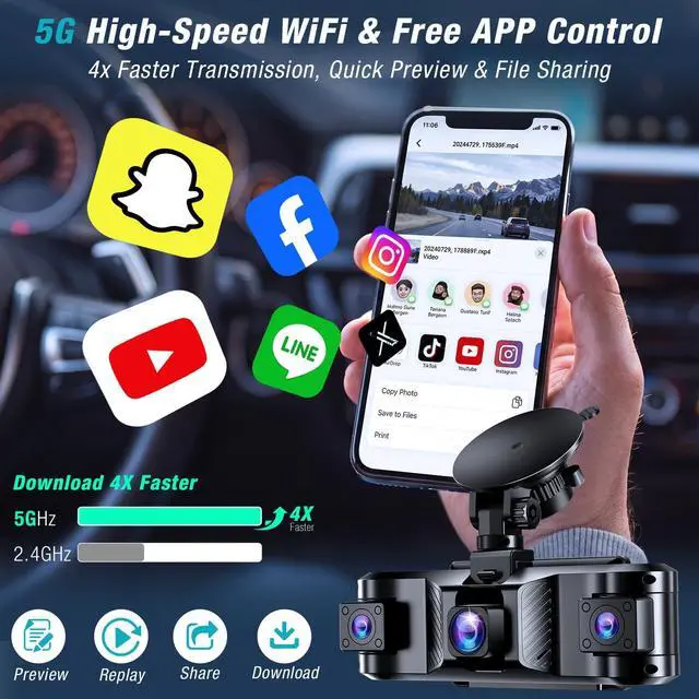 Alt view image 7 of 7 - 4 Channel 360° Dash Cam Front and Rear Inside with 5GHz WiFi 64GB Card | Front 2.5K Left Right Dash Camera for Cars, 24H Parking Mode, G-Sensor, Loop Recording, WDR Night Vision, APP Control