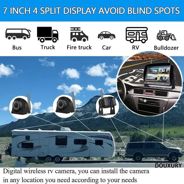 Alt view image 2 of 7 - Wireless Backup Camera for RV Truck Trailer Camper Bus 5th Wheel 3 Rear/Side View Cameras 1080P 4-Split 7" Screen with Adapter for Furrion Pre-Wired Night Vision IP69 Waterproof 170° Wide View Angle
