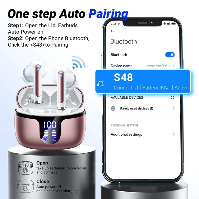 Alt view image 3 of 7 - Wireless Earbuds, Bluetooth 5.4 ear buds with 4 ENC Noise Cancelling Mics, Bluetooth Earbuds with 48H Playtime, IPX7 Waterproof Workout earbuds, Rose headphones HiFi Sound LED Display for iOS Android
