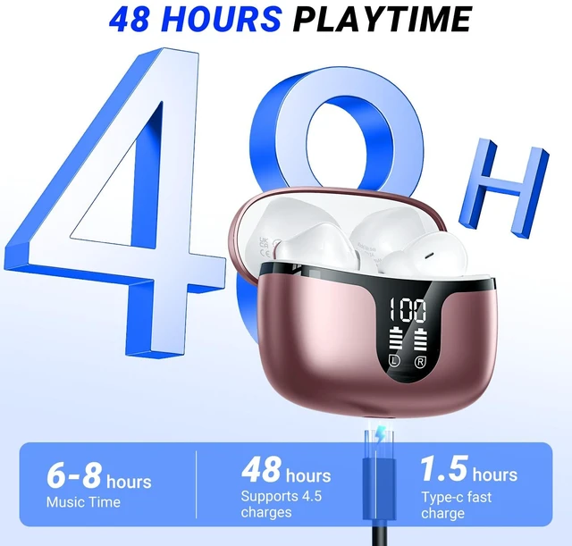Alt view image 5 of 7 - Wireless Earbuds, Bluetooth 5.4 ear buds with 4 ENC Noise Cancelling Mics, Bluetooth Earbuds with 48H Playtime, IPX7 Waterproof Workout earbuds, Rose headphones HiFi Sound LED Display for iOS Android