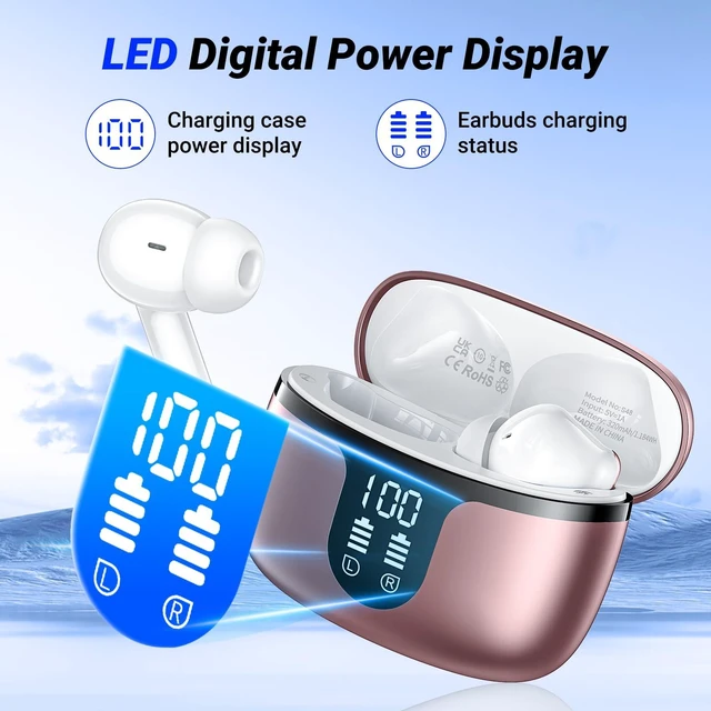 Alt view image 7 of 7 - Wireless Earbuds, Bluetooth 5.4 ear buds with 4 ENC Noise Cancelling Mics, Bluetooth Earbuds with 48H Playtime, IPX7 Waterproof Workout earbuds, Rose headphones HiFi Sound LED Display for iOS Android