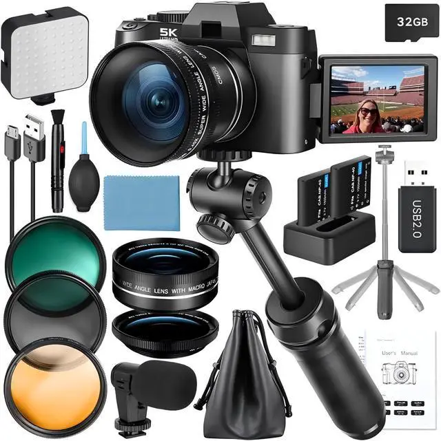 Main image of 5K 64MP Digital Cameras for Photography with Dual-Lens WiFi | All-in-One Camera Kit for Beginners & Teens, Vlogging Camera with 180° Flip Screen, With 32GB Card, Microphone, Filter Trio