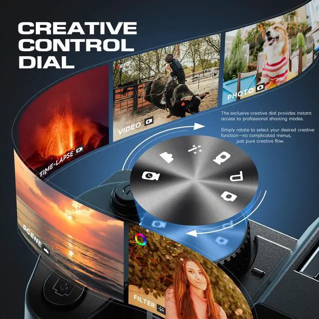 Alt view image 5 of 7 - 5K 64MP Digital Cameras for Photography with Dual-Lens WiFi | All-in-One Camera Kit for Beginners & Teens, Vlogging Camera with 180° Flip Screen, With 32GB Card, Microphone, Filter Trio