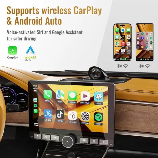 Alt view image 2 of 4 - Android Car Stereo 10.1" Single Din with 360° Rotatable Touch Screen - Android 13, Wireless CarPlay & Android Auto, 2G+64G, Built-in GPS/Wi-Fi/Bluetooth, Includes Backup Camera