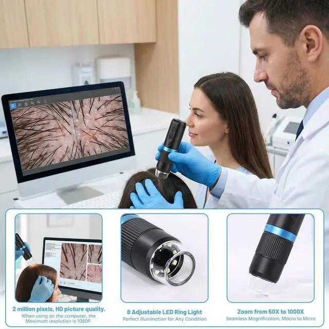 Alt view image 4 of 7 - Digital Microscope for Skin Analysis, 1000X 1080P HD Wireless USB Skin Camera with Stand, Portable Scalp & Hair Follicle Magnifier, Personal Beauty Tool Compatible with Phone/PC for Home & Salon