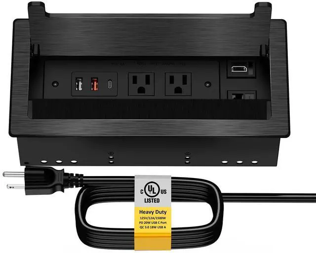 Main image of Conference Table Power Hub, Outlet Multimedia Connectivity Box with 1 HDMI + 1 RJ45 + 20W USB C + 2 USB A + 2 AC Outlets, Heavy Duty Metal Table Top Box for Countertop Office UL Listed