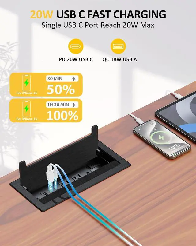 Alt view image 2 of 7 - Conference Table Power Hub, Outlet Multimedia Connectivity Box with 1 HDMI + 1 RJ45 + 20W USB C + 2 USB A + 2 AC Outlets, Heavy Duty Metal Table Top Box for Countertop Office UL Listed
