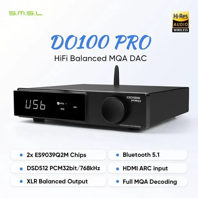 Alt view image 2 of 7 - SMSL DO100 PRO HiFi Balanced DAC with 2X ES9039Q2M & XMOS XU316, 768kHz/DSD512 USB Audio MQA Decoder Preamp, Bluetooth 5.1/Opt/Coax/HDMI ARC Input, RCA/XLR Digital-Analog Converter for PS5/Amp